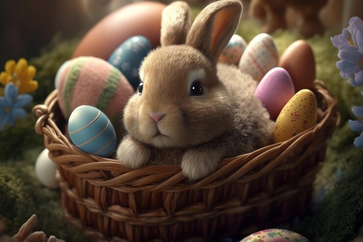 Un cesto di uova di pasqua con dentro un coniglietto molto carino ai generativo