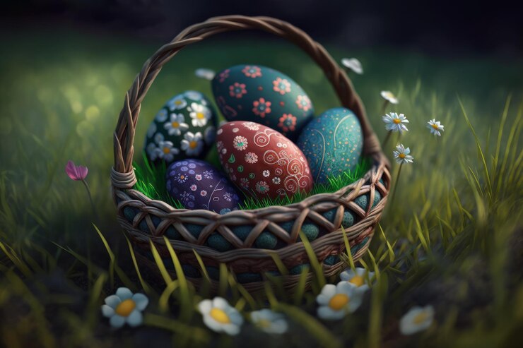 Un cesto di uova di pasqua su un'erba ai generativa