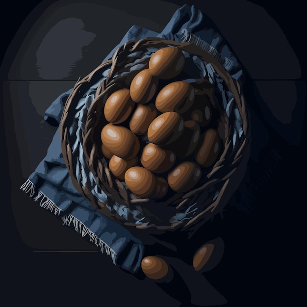 Un cesto di uova è su un panno con un panno blu.