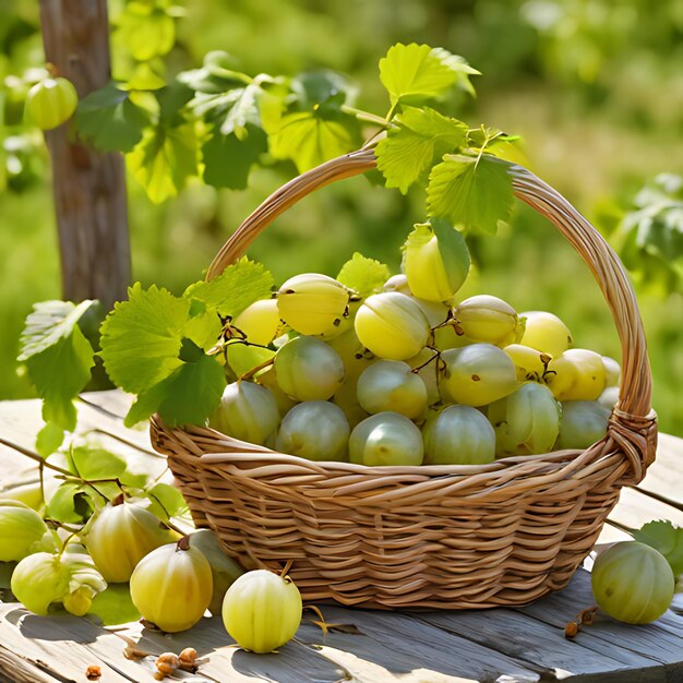 un cesto di uva con una vite verde sul lato