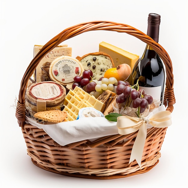 Un cesto di uva da formaggio e vino