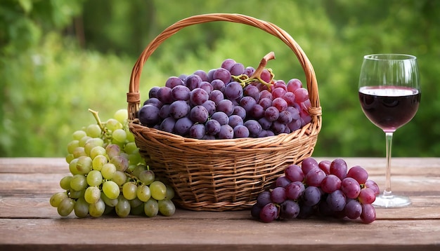 un cesto di uva e uva con un cesto d'uva