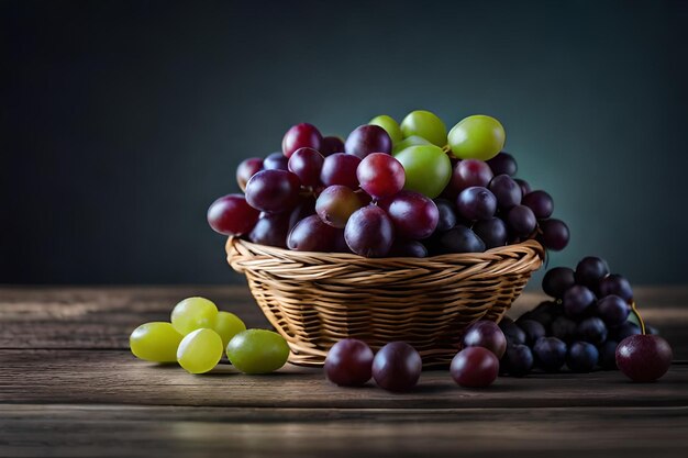 un cesto di uva e uva con uno sfondo nero.