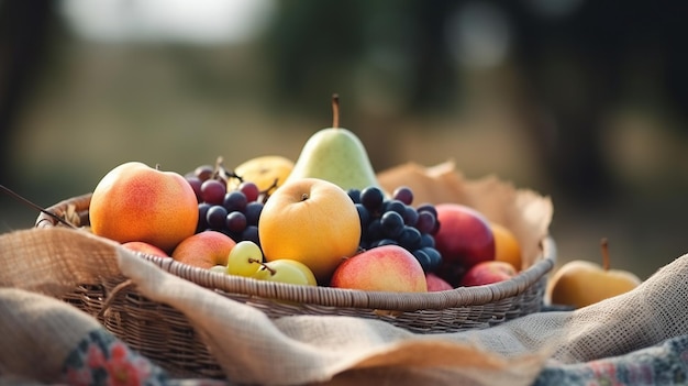 Un cesto di vari frutti su un panno da picnic in giardino