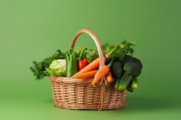 Un cesto di verdure è mostrato con uno sfondo verde.