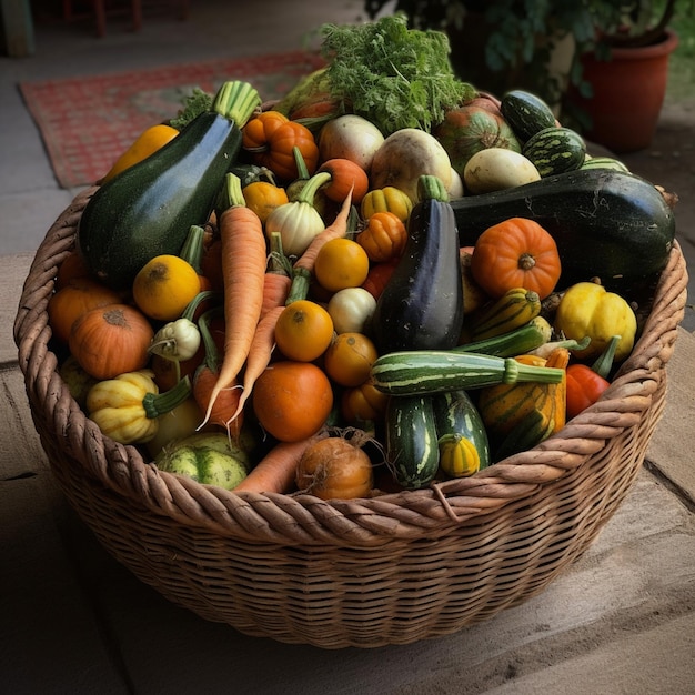 Un cesto di verdure è pieno di diversi colori e dimensioni.