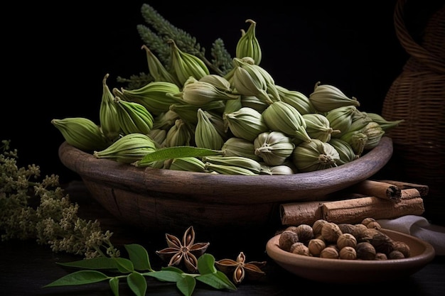 un cesto di verdure tra cui un mazzetto di sedano, alcuni con altri ingredienti.