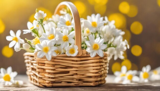 Un cesto di vimini pieno di margarite fresche di primavera