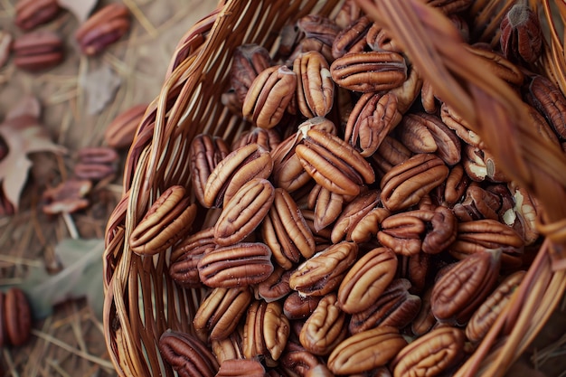 Un cesto pieno di noci fresche sul pavimento del frutteto