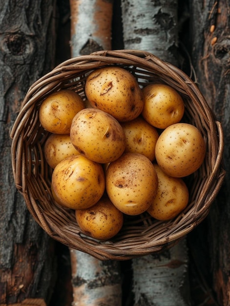 un cesto pieno di patate seduto in cima a un albero