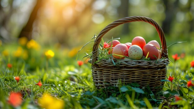 Un cesto pieno di uova su un campo verde e lussureggiante