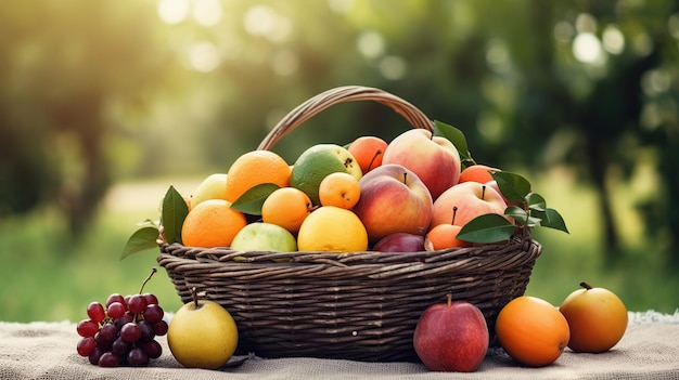 Un cesto pieno di vari frutti è sul tavolo in un giardino