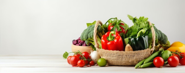 Un cesto pieno di verdure fresche su uno sfondo bianco AI generativa