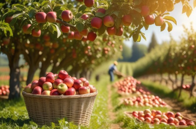 un cesto pieno di viti di mele un operaio di piantagione raccoglie una piantagione di mele all'orizzonte mele rosse mature appese su un ramo di un albero di mele un frutteto di mele