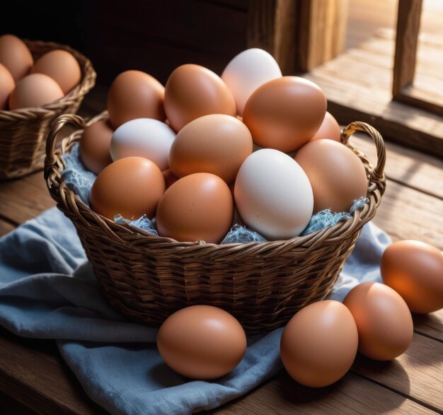 Un cesto rustico pieno di uova fresche di fattoria posizionate su un tavolo di legno