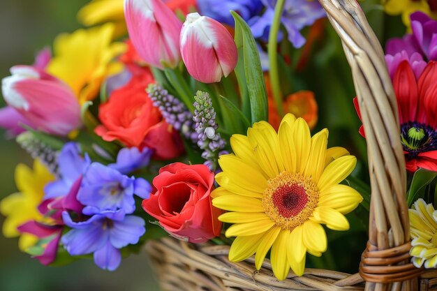 Un cesto vibrante pieno di fiori di primavera appena raccolti che irradiano la gioia della stagione