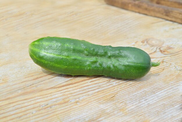 Un cetriolo sul tavolo di legno Cetriolo maturo su sfondo verde