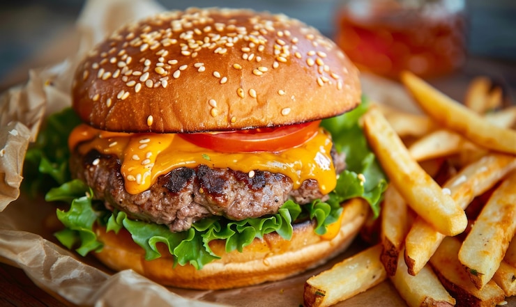 Foto un cheeseburger carico con una salsa di manzo succosa, formaggio fuso, lattuga, salsa di pomodoro e panino di sesamo accompagnato da patatine fritte condite