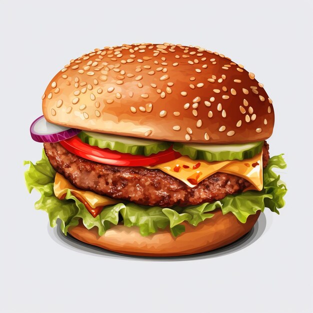 Un cheeseburger con lattuga, pomodoro, cipolla e sottaceti.