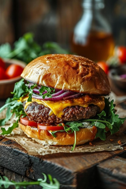 un cheeseburger con lattuga, pomodoro e cipolla