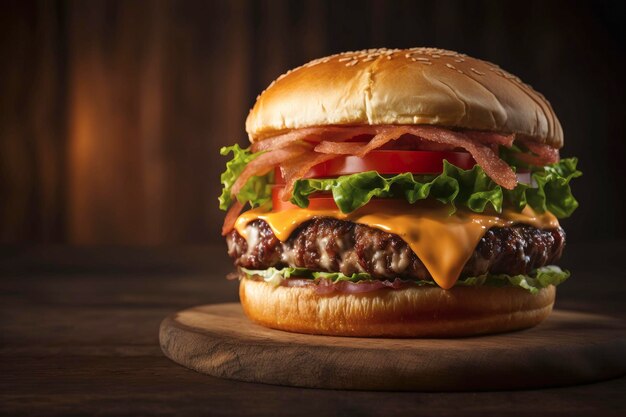 Un cheeseburger con lattuga, pomodoro e lattuga su una tavola di legno.