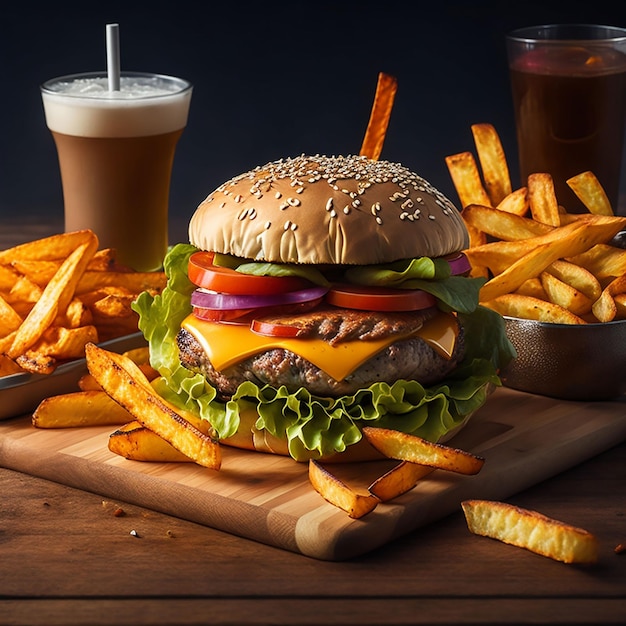 Un cheeseburger con patatine fritte e un delizioso milkshake