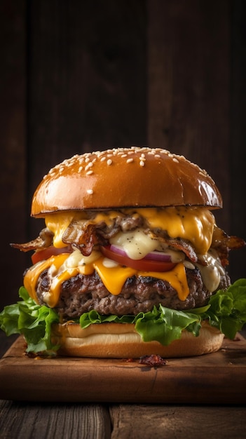 Un cheeseburger con sopra formaggio e bacon