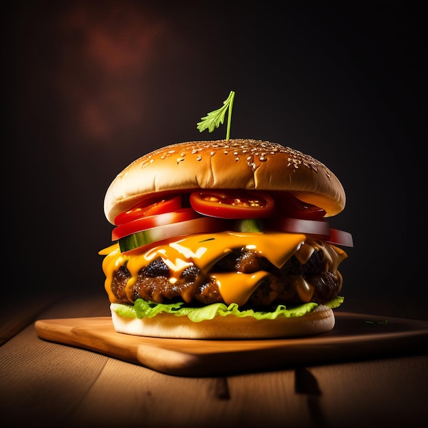 Un cheeseburger con sopra un pomodoro si trova su una tavola di legno.