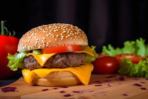 Un cheeseburger con sopra un pomodoro