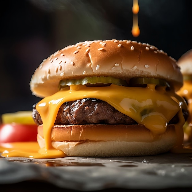 Un cheeseburger con sopra un sottaceto