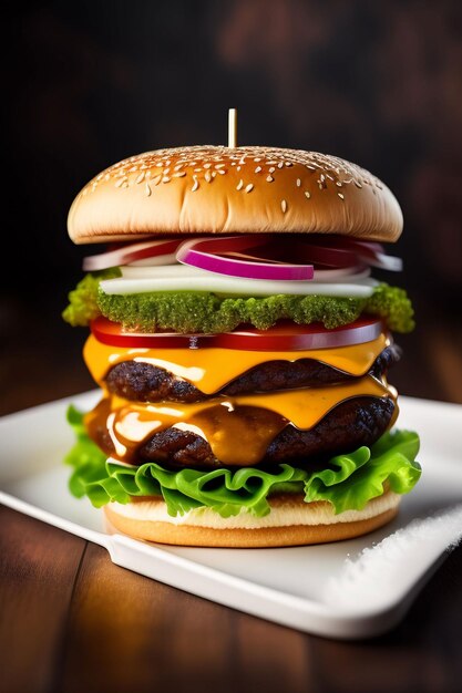 Un cheeseburger con sopra una foglia verde