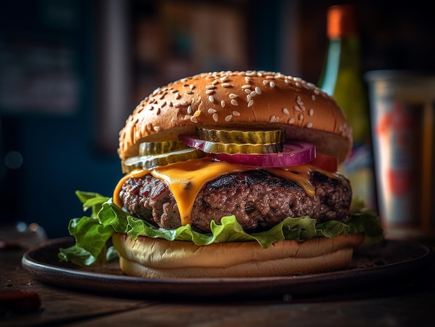 Un cheeseburger con un bicchiere di birra dietro