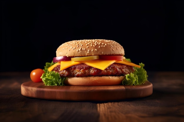 Un cheeseburger con un pomodoro su una tavola di legno