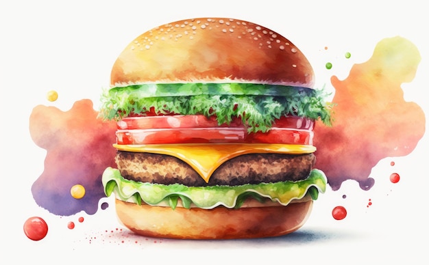 un cheeseburger disegnato su sfondo giallo illustrazioni di fast food ad acquerello ai generate