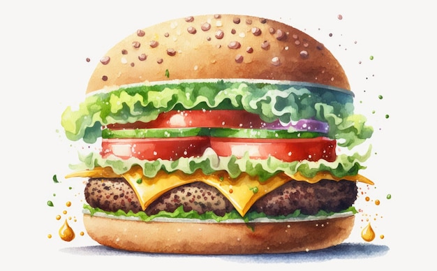 un cheeseburger disegnato su sfondo giallo illustrazioni di fast food ad acquerello ai generate