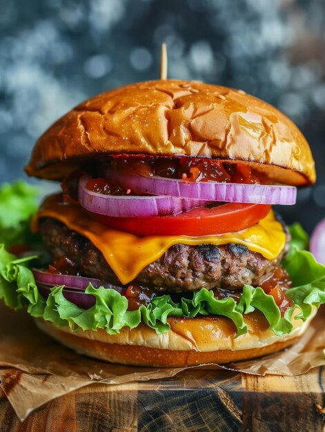 Un cheeseburger perfettamente grigliato con una salsa di manzo succosa, un formaggio cheddar fuso, lattuga croccante, fette di pomodoro maturo e cipolla piccante, tutto incastrato tra un panino di sesamo tostato.