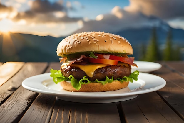 Un cheeseburger su un piatto con le montagne sullo sfondo