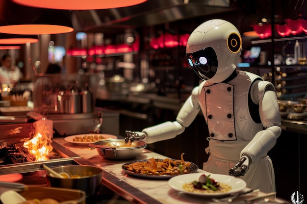 Un chef robot sta preparando il cibo in una cucina