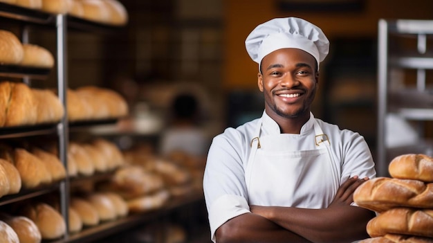 un chef sorridente in piedi di fronte a una panetteria