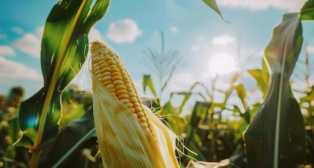 Un chicco d'oro di mais tra foglie verdi lussureggianti sotto un sole splendente un simbolo di abbondanza agricola e crescita naturale