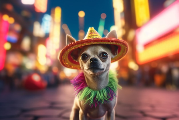 Un chihuahua che indossa un sombrero si trova in una strada davanti a un'insegna al neon che dice chihuahua