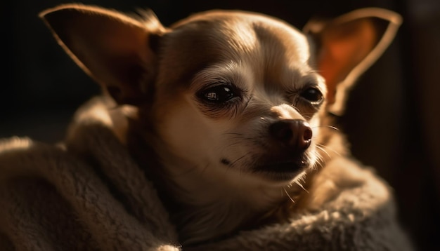 Un chihuahua è seduto su una coperta al sole