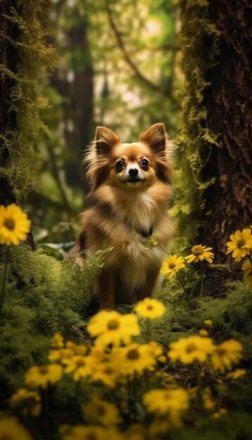 Un chihuahua in una foresta con fiori gialli