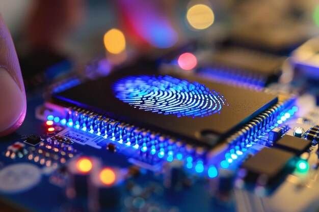 Un chip blu con un'impronta digitale