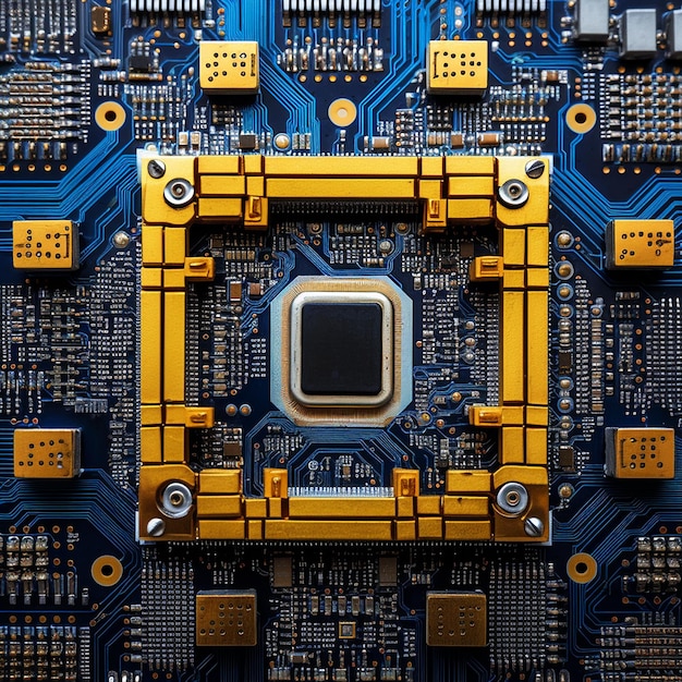 Un chip di computer blu e giallo con sopra l'elaboratore di testi.