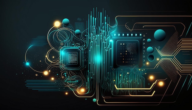 Un chip di computer con luci verdi e oro su di esso.