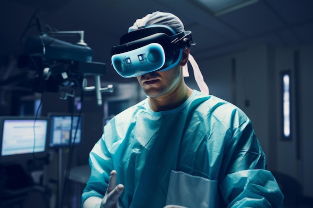 Un chirurgo medico professionista che indossa un auricolare di realtà virtuale in una sala operatoria