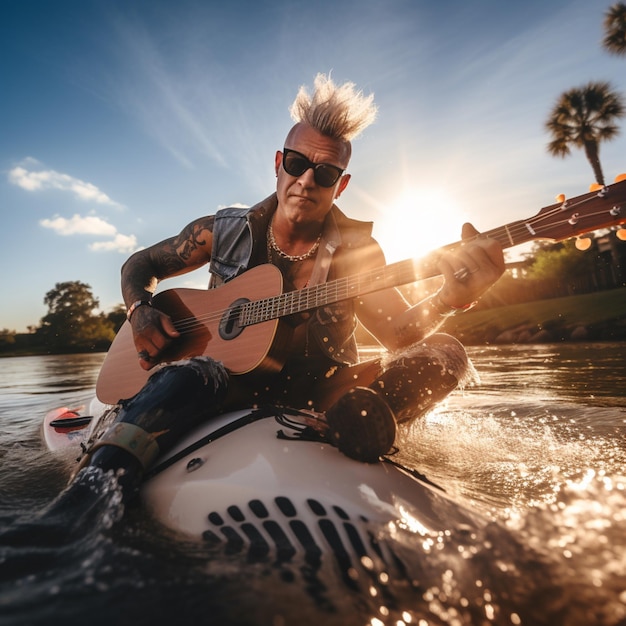 Un chitarrista punk rock con un mohawk che fa surf Ai ha generato arte