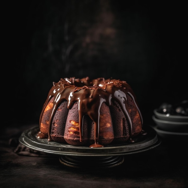 Un ciambellone al cioccolato con sopra una spruzzata di cioccolato.