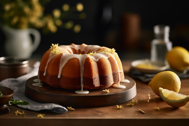 Un ciambellone al limone con glassa al limone e una fetta di limone su un tavolo di legno.